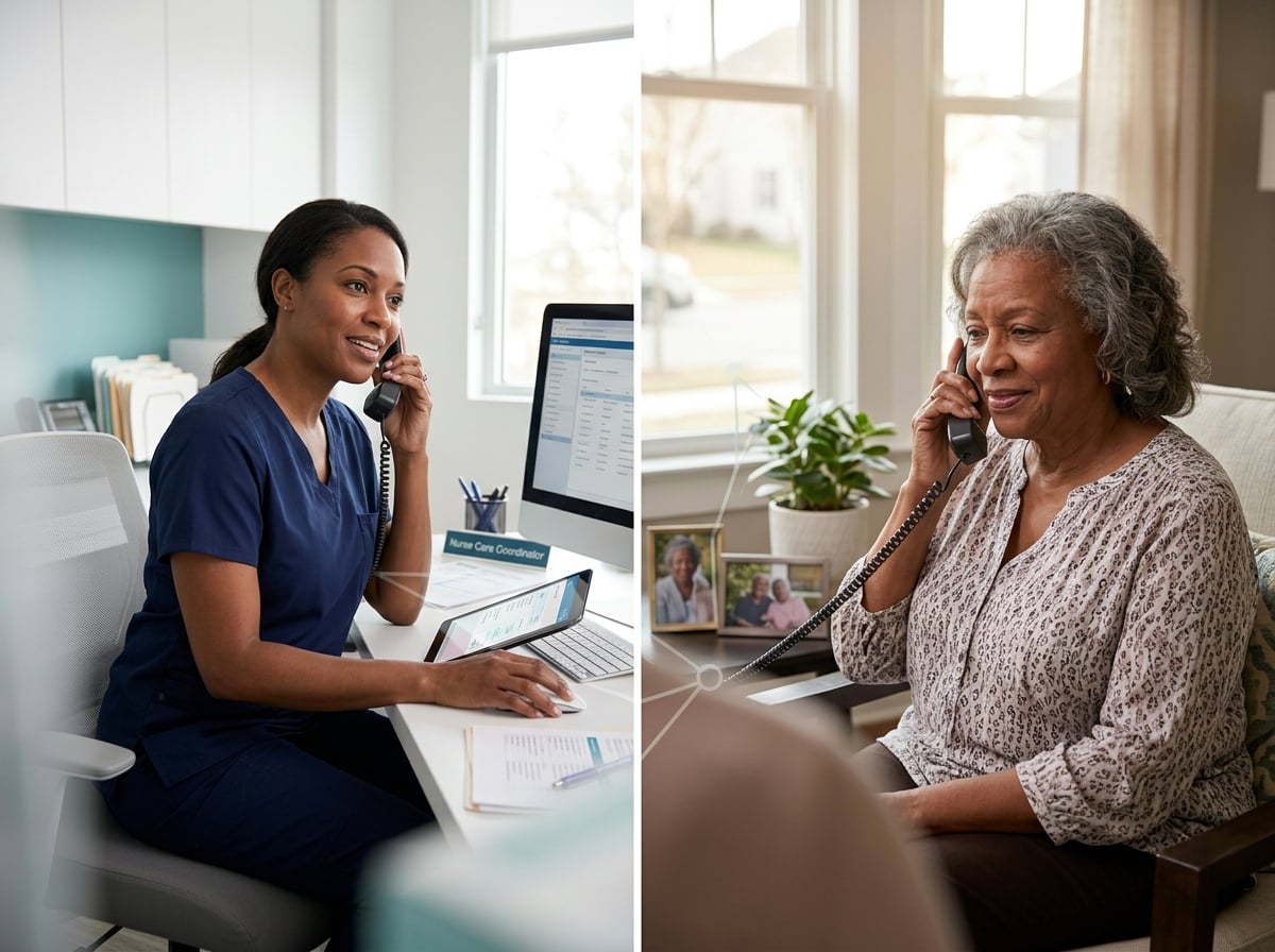 Nurse care coordinator supporting a chronic care patient by phone