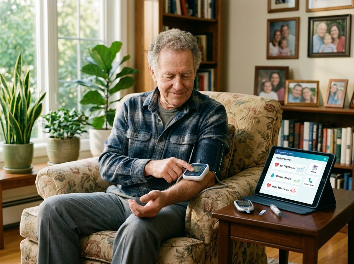 Older adult using a home monitoring device with a vitals dashboard